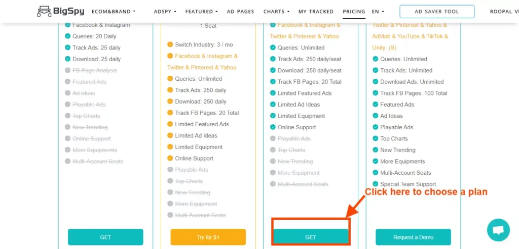 BigSpy Pricing Plans 2024 ⇰ $1 Trial + Paid Plans From $9 Only